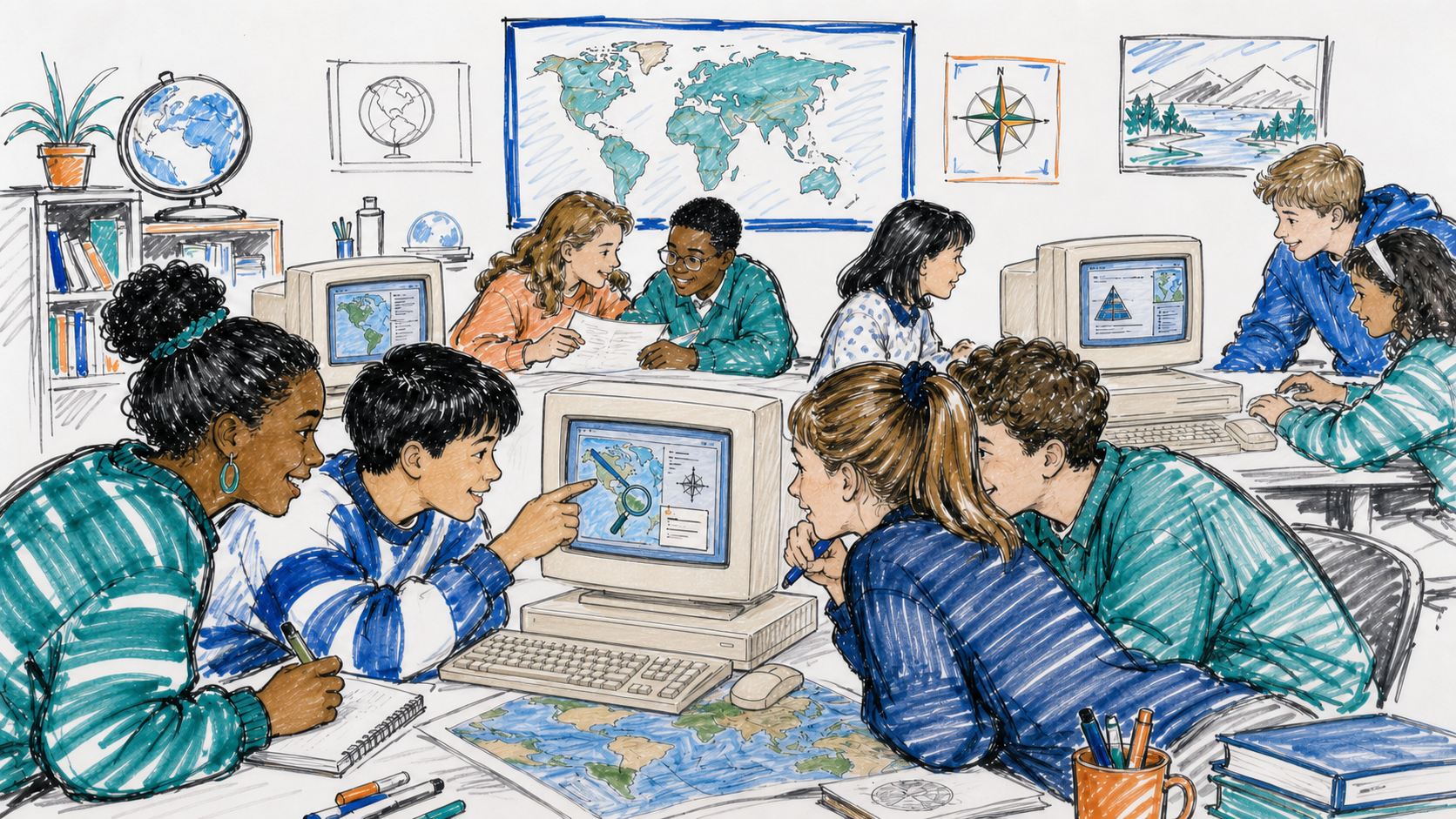Students collaborate around four Macintosh LC II computers while following geography clues on maps.